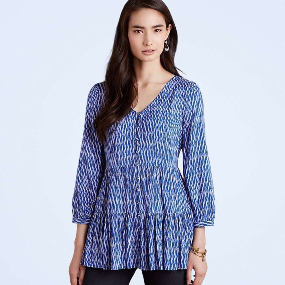 ANTHROPOLOGIE MAEVE Blue & White Tiered Button Tunic Top